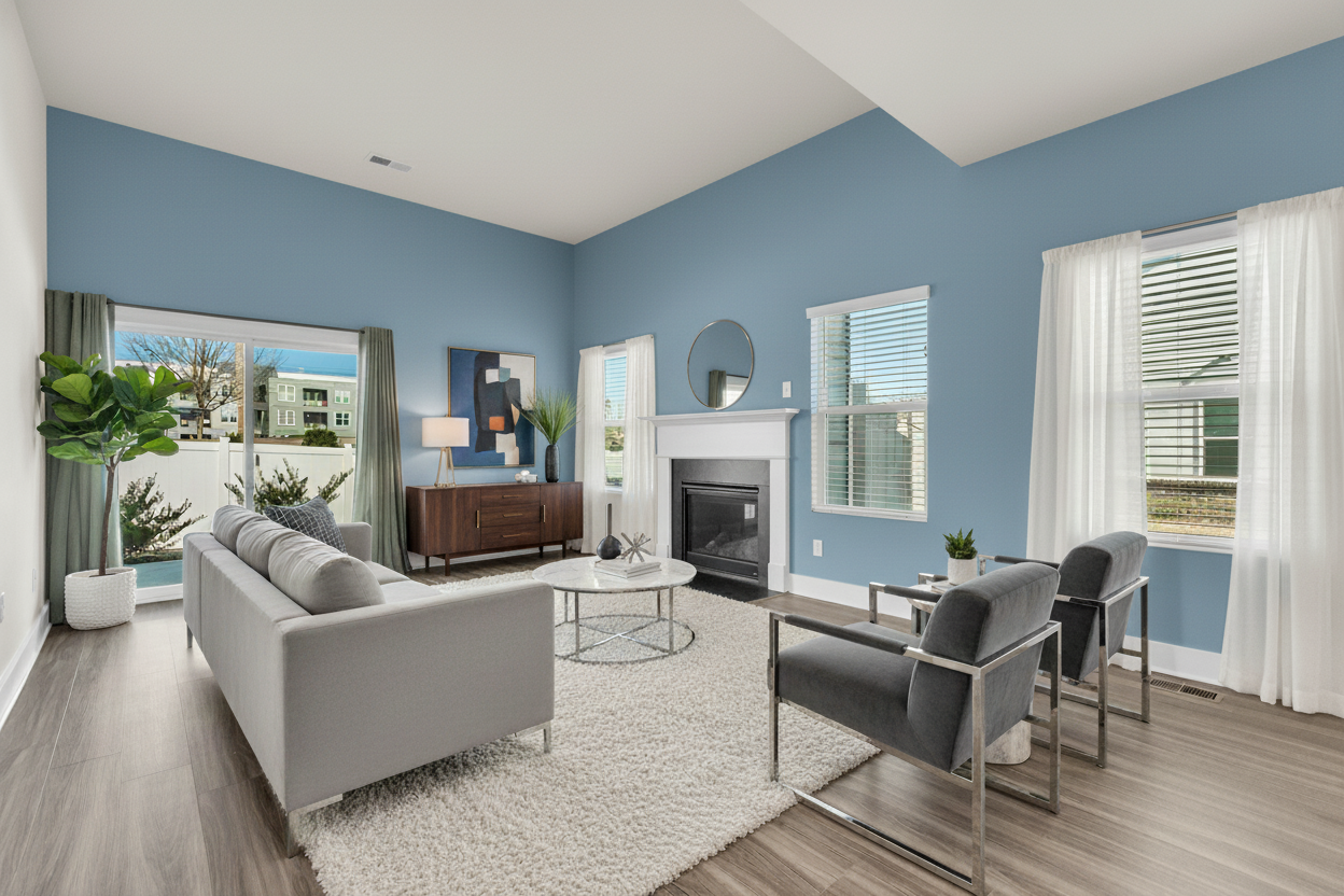 Living room with blue paint transformation